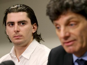 Former University of Ottawa hockey player Andrew Creppin, left, is represented in his lawsuit by lawyer Lawrence Greenspon.