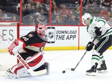 Robin Lehner of the Ottawa Senators makes the save on Jason Spezza of the Dallas Stars during second period NHL action.
