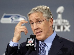 Seattle Seahawks head coach Pete Carroll answers a question at a news conference for NFL Super Bowl XLIX football game Sunday, Jan. 25, 2015, in Phoenix. The Seahawks play the New England Patriots in Super Bowl XLIX on Sunday, Feb. 1, 2015.
