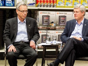Prime Minister Stephen Harper and Finance Minister Joe Oliver participate in a roundtable discussion at a Canadian Tire Store in Mississauga, Ont., in December.