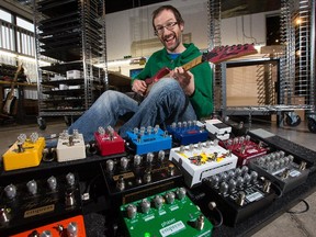 Steve Bragg at the Empress Effects shop in Kanata with a selection of the different type of guitar pedals his company makes. It seems there is a strong market to make these effects pedals locally.