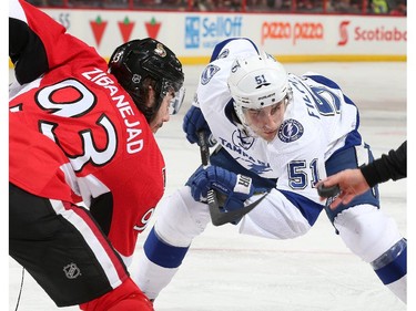Mika Zibanejad #93 of the Ottawa Senators prepares for a faceoff against Valtteri Filppula #51 of the Tampa Bay Lightning in the second period at Canadian Tire Centre on January 4, 2015 in Ottawa, Ontario, Canada.