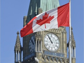 The Canadian flag flys in front of the Peace Tower on Parliament Hill in Ottawa on Friday, Oct. 3, 2014.