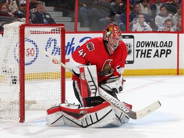 Craig Anderson #41 of the Ottawa Senators makes a save against the Toronto Maple Leafs in the first period.