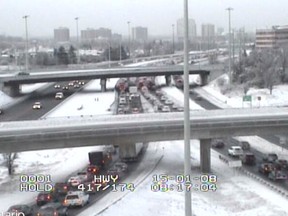 Traffic backs up on the Queensway Thursday morning.