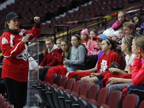 Two time Olympic gold medalist Cassie Campbell-Pascall speaks to young female hockey players during the eleventh annual Scotiabank Girls HockeyFest at the Canadian Tire Centre on Jan. 11, 2015.
