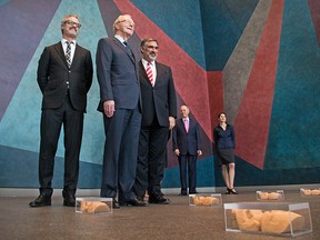 From left, Rob Sobey,  Donald Sobey, gallery director Marc Mayer, National Gallery Foundation chair Thomas d'Aquino, and curator of contemporary art Josée Drouin-Brisbois, inside the newly named Donald R. Sobey Family Gallery at the National Gallery of Canada, Feb. 24. (Wayne Cuddington/Ottawa Citizen)