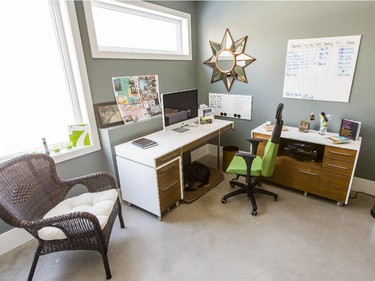 The 800-square-foot lower level, including the garage, sits on a polished cement slab. There you will find Nancy’s well-appointed office, where she often pauses to watch deer or wild turkeys pass by. A multi-purpose room (not shown) has a work area for Jeff, and holds the comfy outdoor furniture that spends the summer months on the main deck. The laundry and mud room are efficiently designed with cabinets purchased from Ikea and modified by the builder. A guest room and full bathroom complete the level. The whole area is kept cosy with underfloor heating, which also radiates to the upper level, reducing the demand on the home’s high efficiency propane furnace by about 25 per cent. “I walk around barefoot,” says Nancy.