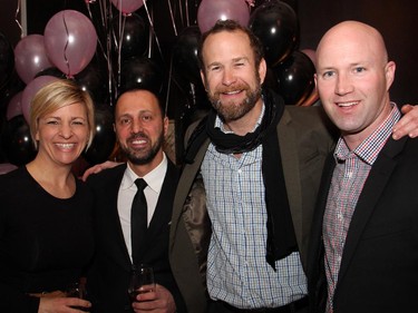Amy Twolan with The Loft Urban Salon owners and partners Paul Valetta and Bruno Racine, and Peter Twolan from Porter Airlines, at the Proud to be Bully Fee benefit dinner for youth empowerment and acceptance, held at NeXT restaurant on Monday, February 23, 2015.