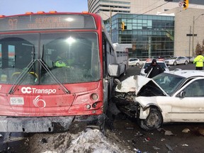 Bus and car accident at Laurier and Nicholas. At least one man injured. Darren Brown/Ottawa Citizen