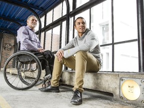 Carleton University accessibility experts, Dean Mellway, acting director of Carleton's READ Initiative, left, and third-year architecture student, Quayce Thomas, right, are photographed in the school's architecture building.  They are headed to  Jamaica to meet government officials, planners and architects to make the country's legislative building,  accessible to those with disabilities.