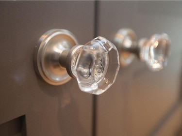 Interior door handles, at $109.90 a set, are from houseofantiquehardware.com. “I was looking for antique handles but they all had round knobs, which I didn’t want,” says Rioux. “These are brushed nickel, which is unusual, and the knobs are more squared, so they’re modern but also traditional.”