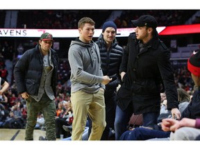 Cody Ceci (L), Curtis Lazar, Mark Stone and Bobby Ryan (R) of the Ottawa Senators arrive to watch the MBNA Capital Hoops Classic held at Canadian Tire Centre, February 06, 2015.  (Jean Levac/ Ottawa Citizen)