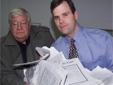 1998: Lowell Green delivers 16,000 petitions to MPP John Baird calling for elected hospital board, November 18, 1998.