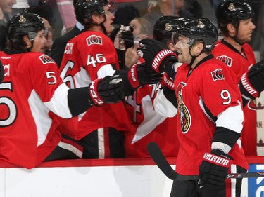 Milan Michalek #9 of the Ottawa Senators celebrates his first period power-play goal against the Edmonton Oilers at Canadian Tire Centre on February 14, 2015 in Ottawa, Ontario, Canada.