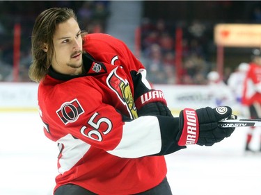 Erik Karlsson of the Ottawa Senators gets ready in the pre-game warmup.