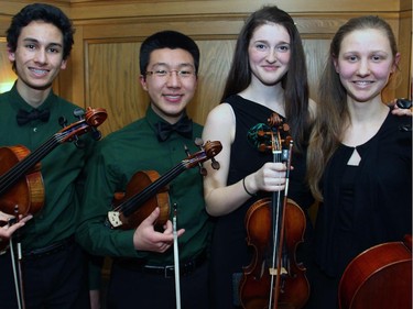 From left, Emerald String Quartet musicians Ethan Balakrishnan, Jerry Wang, Alisa Klebanov and Emma Grant-Zypchen showed of their impressive talents at the Friends of the NAC Orchestra's Music to Dine For , held Wednesday, February 25, 2015, at the official residence of Norwegian Ambassador Mona Elisabeth Brother.