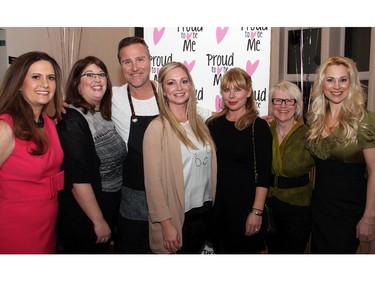 From left, female event organizers Jennifer Clark and Dianna Ashworth (joined by NeXT restaurant owner Michael Blackie), Cindy Cutts, sponsor Kristine Johnson, Kim Dalrymple and Trie Donovan at the Proud to be Bully Free benefit dinner held Monday, February 23, 2015, at NeXT restaurant in support of youth empowerment.