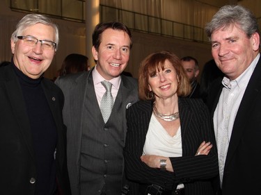 From left, George Weber, CEO of the Royal Ottawa, with Liberal MP Scott Brison, CBC journalist Julie Van Dusen and Ottawa Liberal MPP John Fraser at the special taping of This Hour Has 22 Minutes, held at Algonquin College on Thursday, February 5, 2015, during the Cracking-Up the Comedy Festival for mental health