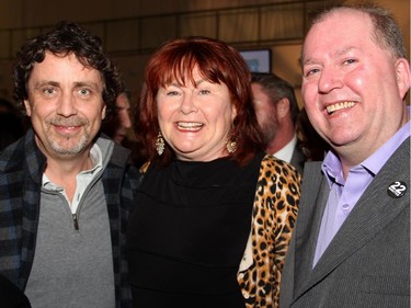 From left, James MacRae, president of festival sponsor verTerra Corp., with comedian Mary Walsh and John Helmkay from Cracking-Up the Capital, at Alongquin College on Thursday, February 5, 2015, for the special taping of This Hour Has 22 Minutes.