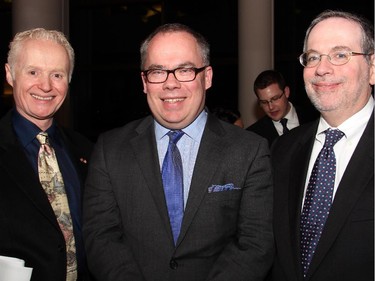 From left, Macdonald-Laurier Institute (MLI) managing director Brian Lee Crowley with Maclean's political editor Paul Wells and Richard Sanders, deputy chief of mission for the U.S. Embassy, at a special event organized by the MLI on Wednesday, February 18, 2015, at the Canadian Museum of History.