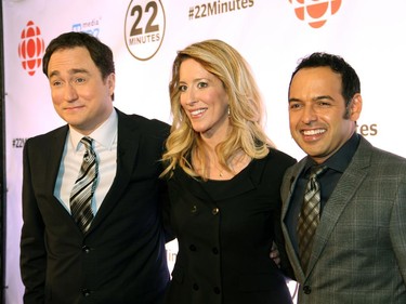 From left, Mark Critch, Susan Kent and Shaun Majumder, stars of This Hour Has 22 Minutes, on the red carpet for the live taping in Ottawa of their CBC TV show, on  Thursday, February 5, 2015, at Algonquin College.