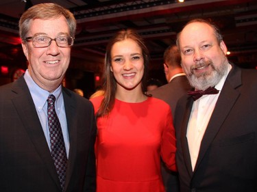From left, Mayor Jim Watson with his niece, Nicola Froislie, 19, and Dan Greenberg from title sponsor Ferguslea Properties Ltd. at the Ferguslea Senators Soirée held at the Hilton Lac Leamy on Wednesday, February 4, 2015.