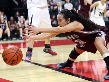 Julia Soriano of the University of Ottawa can't keep the ball out of bounds against Carleton University during second half action.
