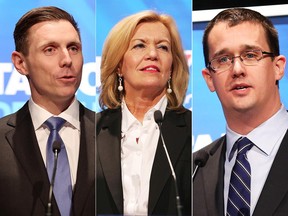 Patrick Brown, left, Christine Elliott and Monte McNaughton – candidates for the Ontario PC Leadership – debate at Ottawa's Algonquin College Wednesday night.