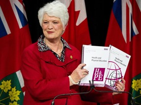 Ontario Education Minister Liz Sandals presents the revised Health and Physical Education curriculum at a press conference at Queen's Park in Toronto, Monday, February 23, 2015.
