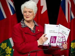 Ontario Education Minister Liz Sandals presents the revised Health and Physical Education curriculum at a press conference at Queen's Park in Toronto, Monday, February 23, 2015.