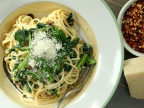 Miso Carbonara with Broccoli Rabe and Red Pepper Flakes can be made in less than half an hour.