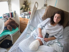 Sarah Stott, who lost her legs when she was run over by a train on December 8, 2014, in her hospital room at the Montreal General Hospital in Montreal on Tuesday, February 3, 2015.