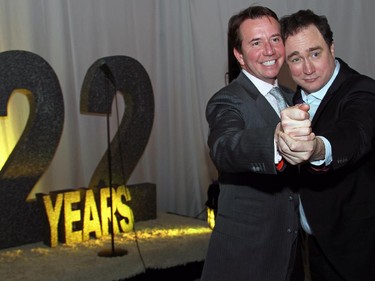 Nova Scotia Liberal MP Scott Brison jokes around with This Hour Has 22 Minutes star Mark Critch after a special 22-year anniversary taping of the show in Ottawa on Thursday, February 5, 2015.