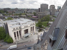 The former railway station, now the Government Conference Centre, seen from among the steep copper turrets of the Chateau Laurier Hotel, May 2012.