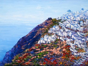 Detail of On the road to Oia Santorini Greece by Margaret Chwialkowska part of the group show Passion for Colour at Foyer Gallery until March 8.