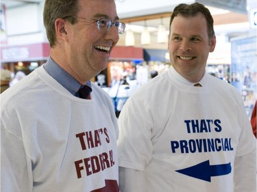 2006: Jim Watson, left, M.P.P. Ottawa West-Nepean and Ministry of Health Promotion, and John Baird, M.P. for Ottawa West-Nepean, ran a booth in Carlingwood Mall to meet people and discuss the Federal Accountability Action Plan, April 28, 2006.