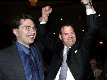 John Baird celebrates with Pierre Poilievre, MP Nepean-Carleton, left, after winning the Ottawa West-Nepean nomination in 2005.