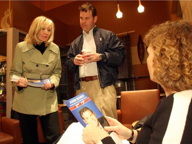 2005: Conservative leader Stephen Harper attends an all-candidates event at John Baird's headquarters, November 29, 2005. After the event, John Baird and Laureen Harper, seen talking to Janet Dow, do some campaigning at a local coffee shop.