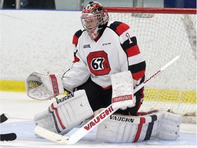 Ottawa 67's goalie Liam Herbst, seen in a file photo, gave up just one goal on 35 shots one day after recording a shutout.