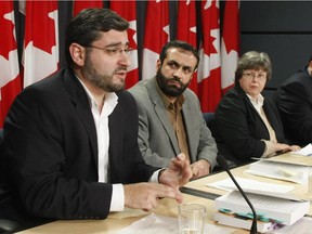 Abdullah Almalki, Muayyed Nureddin, Barb Jackman, Counsel for Ahmad El Maati, Ahmad El Maati speak during a press conference concerning the release by the government of the public report of the Internal Inquiry into the actions of Canadian officials in Relation to Abdullah Almalki, Ahmad Abou-Elmaati and Muayyed Nureddin. The press conference was held at the National Press Theatre in Ottawa, October 21, 2008. Photo by Jean Levac, Ottawa Citizen