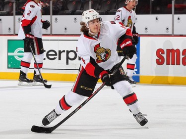 Jean-Gabriel Pageau #44 of the Ottawa Senators takes a shot during pregame warmups prior to the game.