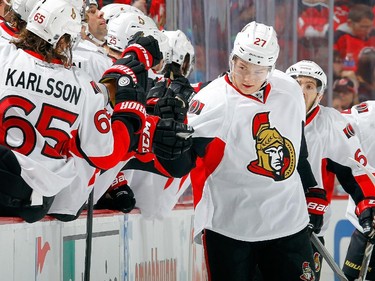 Curtis Lazar #27 of the Ottawa Senators celebrates his second period goal.