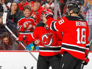 Adam Henrique #14 of the New Jersey Devils celebrates his s econd period goal.