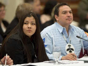 Rinelle Harper and AFN Chief Perry Bellegarde wait for the National Roundtable on Missing and Murdered Indigenous Women and Girls to begin in Ottawa on Friday, February 27, 2015.