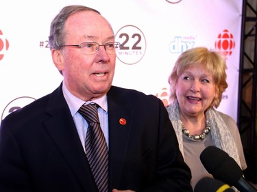 Senator Jim Munson, with his wife, Ginette, spoke to reporters on the red carpet for the special taping of the CBC TV show This Hour has 22 Minutes, held at Algonquin College on Thursday, February 5, 2015.