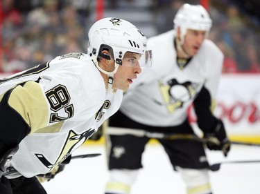 Sidney Crosby of the Pittsburgh Penguins against the Ottawa Senators during first period of NHL action at Canadian Tire Centre in Ottawa, February 12, 2015.