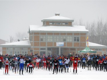 Skiers at the starting line during the Gatineau Loppet in Gatineau, Saturday, February 14, 2015. Competitors braved falling snow plus bone-chilling temperatures to participate in today's event, which started at 9am.