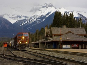 A Canadian Pacific freight train pulls into the station as seen in this 2010 Banff Springs, Canada, afternoon photo.