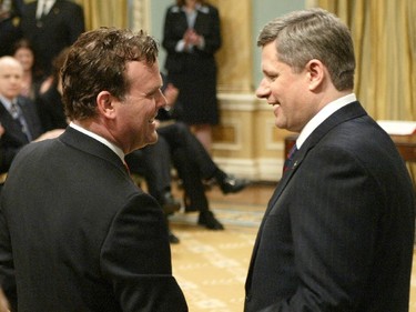 2006: John Baird is congratulated by Stephen Harper after getting sworn in, February 6, 2006.